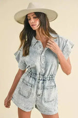 Annie Wear Elastic Waistband Short Sleeve Denim Romper - Femstylo