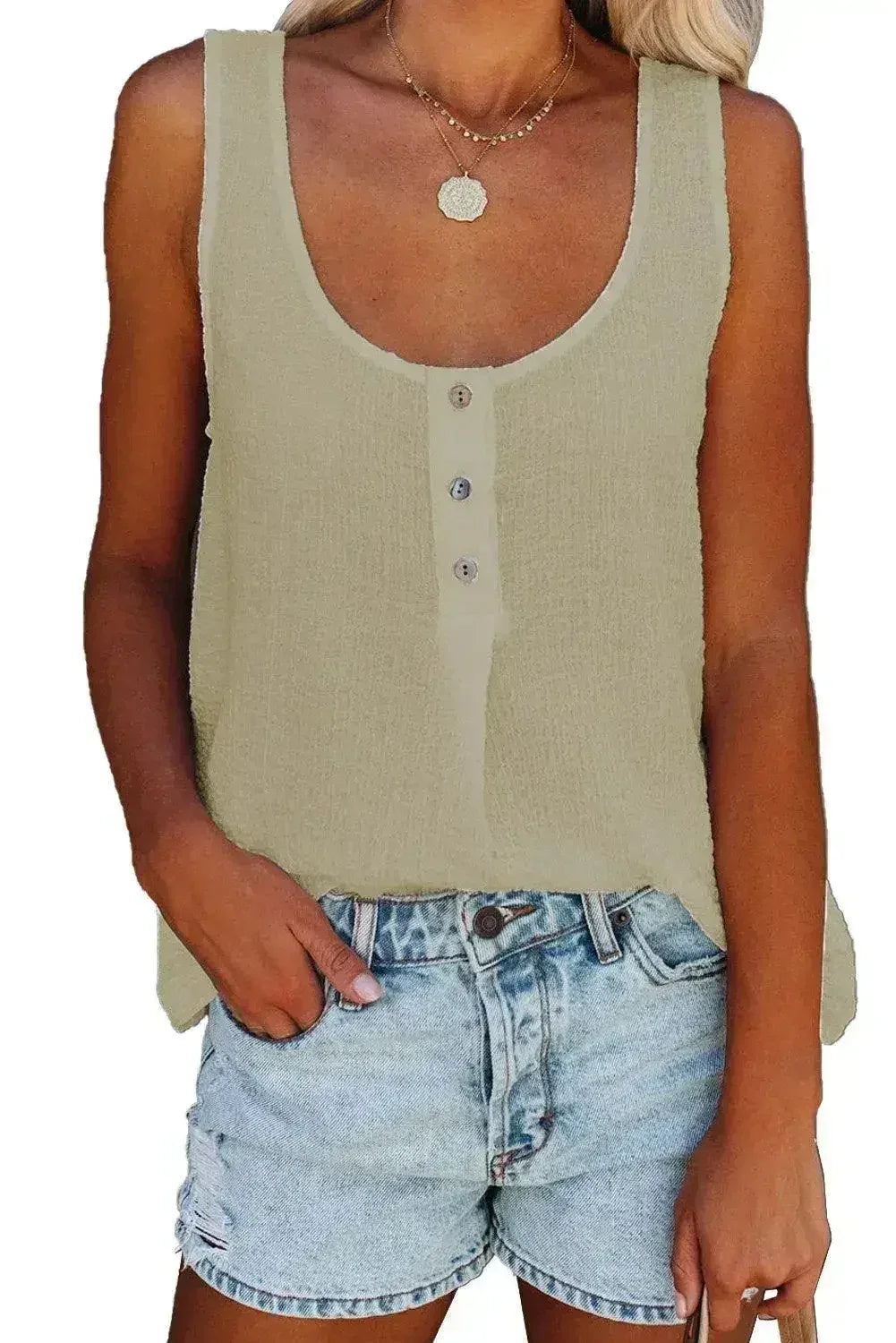 Button Textured Cotton Tank Top - Femstylo