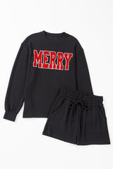 Black Corded MERRY Long Sleeve Top and Shorts Pajama Set