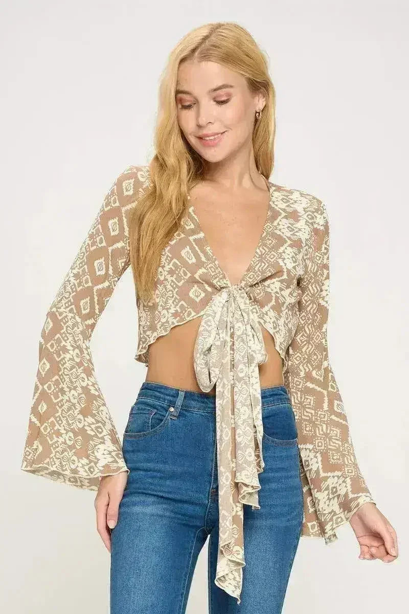 Boho Bell-Sleeve Crop Top | Floral Tie-Front | Sizes S-XL - Femstylo