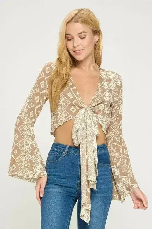 Boho Bell-Sleeve Crop Top | Floral Tie-Front | Sizes S-XL - Femstylo