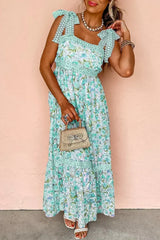 Green Floral Lace Tied Strap Empire Waist Maxi Dress - Femstylo