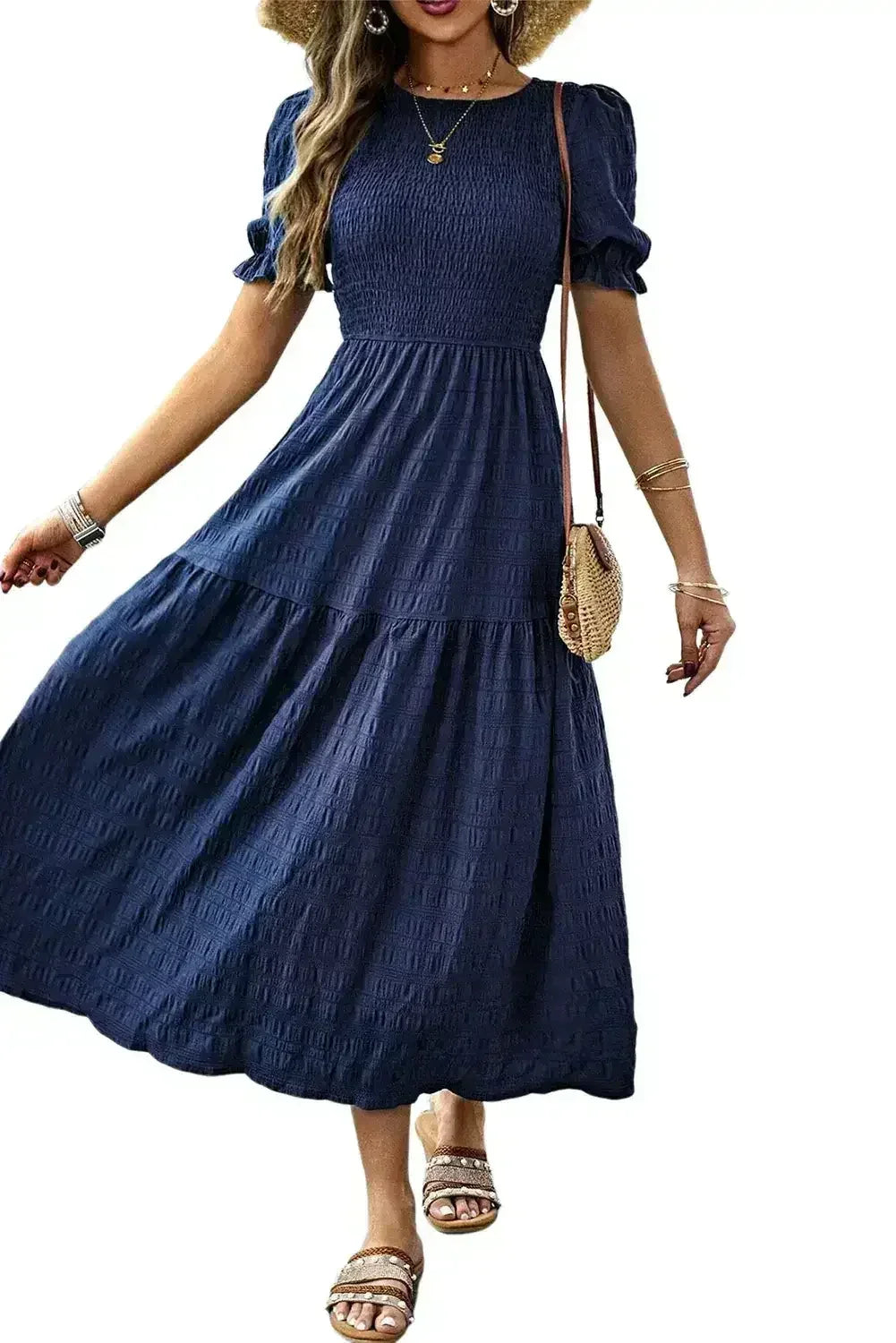 Sail Blue Solid Textured Smocked High Waist Midi Dress - Femstylo