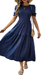 Sail Blue Solid Textured Smocked High Waist Midi Dress