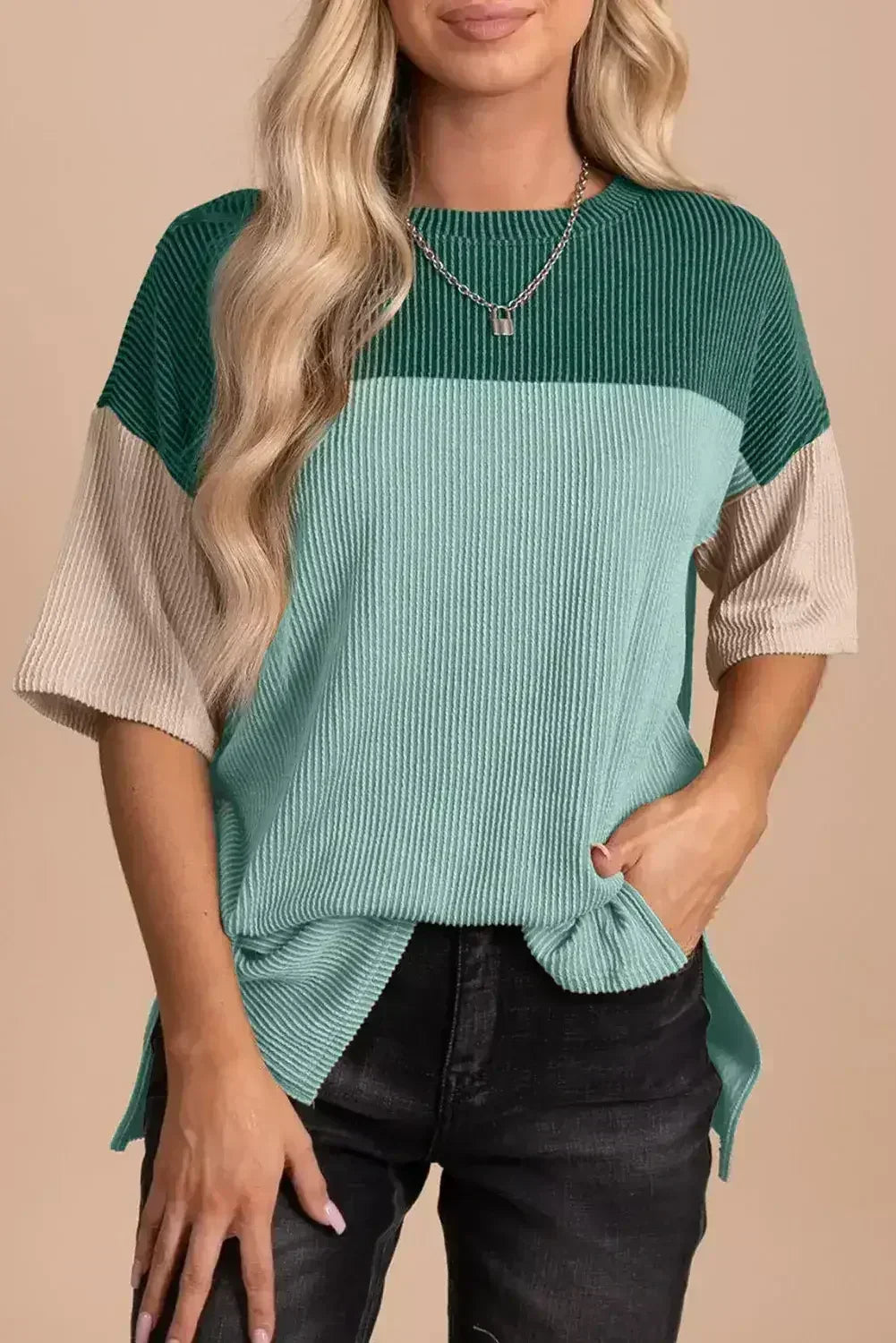 Black Color Block Ribbed Side Slits Half Sleeve Top - Femstylo