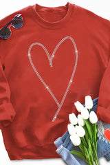 Red Casual Rhinestone Heart Shaped Graphic Sweatshirt - Femstylo