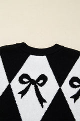 Black Bow Pattern 2-tone Rhombus Knit Loose Sweater