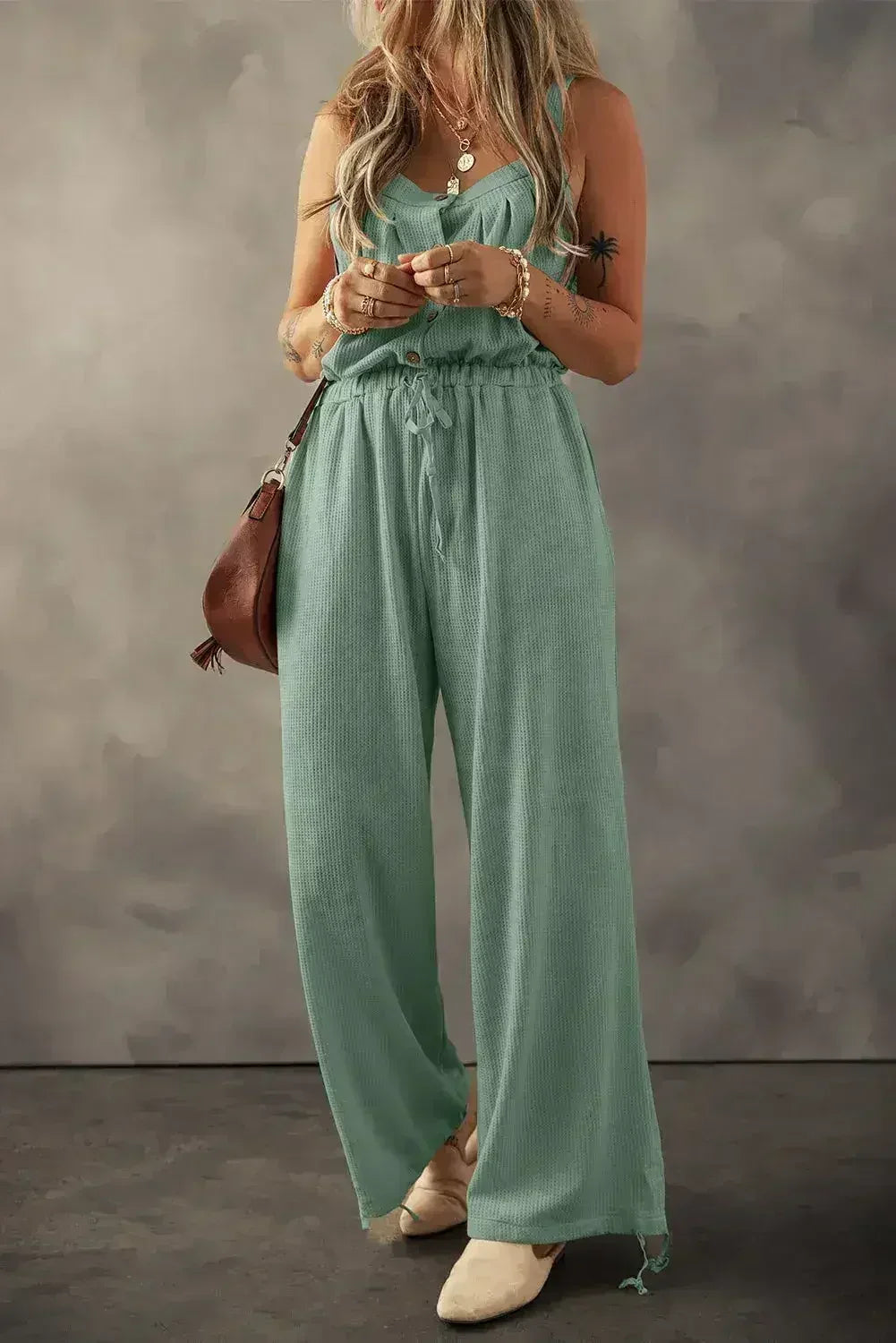 Moss Green Knotted Straps Button Textured Drawstring Jumpsuit - Femstylo