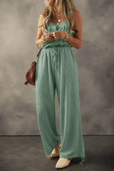 Moss Green Knotted Straps Button Textured Drawstring Jumpsuit - Femstylo