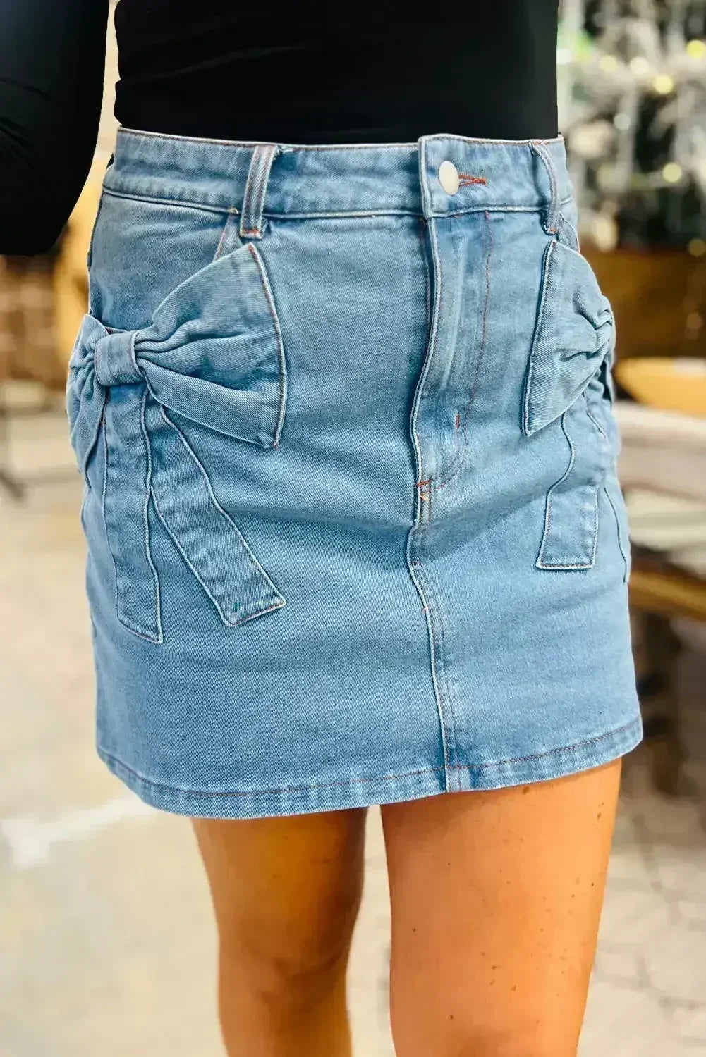 Dusk Blue Acid Washed Bowknot Details High Waist Denim Skirt - Femstylo