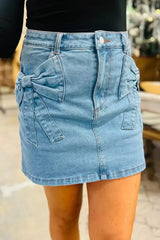 Dusk Blue Acid Washed Bowknot Details High Waist Denim Skirt - Femstylo