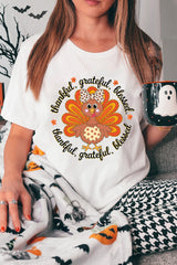 White Thanksgiving Cute Turkey Heat Transfer Printing Cotton Blend T Shirt