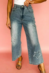 Stone Blue Star Patchwork Light Wash Wide Leg High Waist Jeans - Femstylo