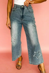 Stone Blue Star Patchwork Light Wash Wide Leg High Waist Jeans - Femstylo
