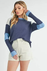Aemi + Co Raw Seam Color Block Round Neck Knit Top - Femstylo