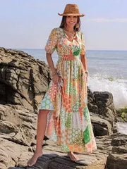 Printed Smocked Waist Short Sleeve Maxi Dress - Femstylo