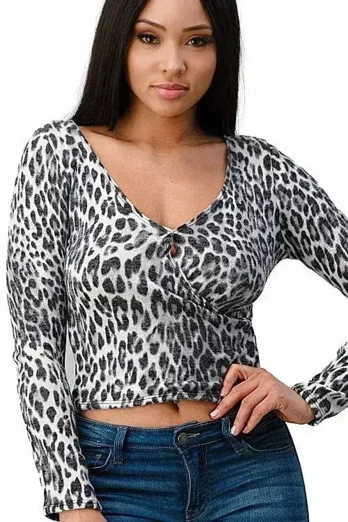 Fitted Long Sleeve V-Neck Crop Top with Ruched Front Detail - Femstylo