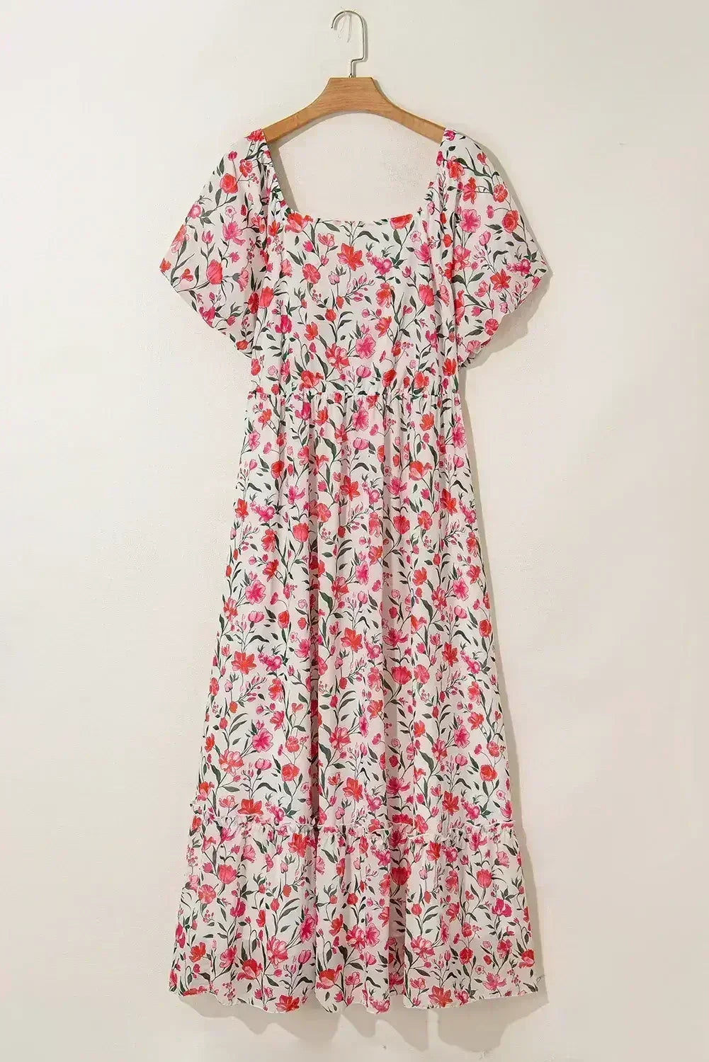 Pink Plus Size Floral Square Neck Puff Sleeve Ruffle Maxi Dress - Femstylo