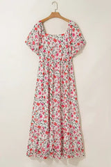 Pink Plus Size Floral Square Neck Puff Sleeve Ruffle Maxi Dress - Femstylo