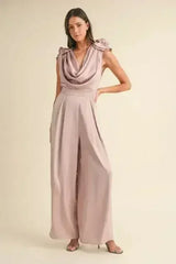 MABLE 3D Floral Applique Deep Cowl Neck Jumpsuit - Femstylo