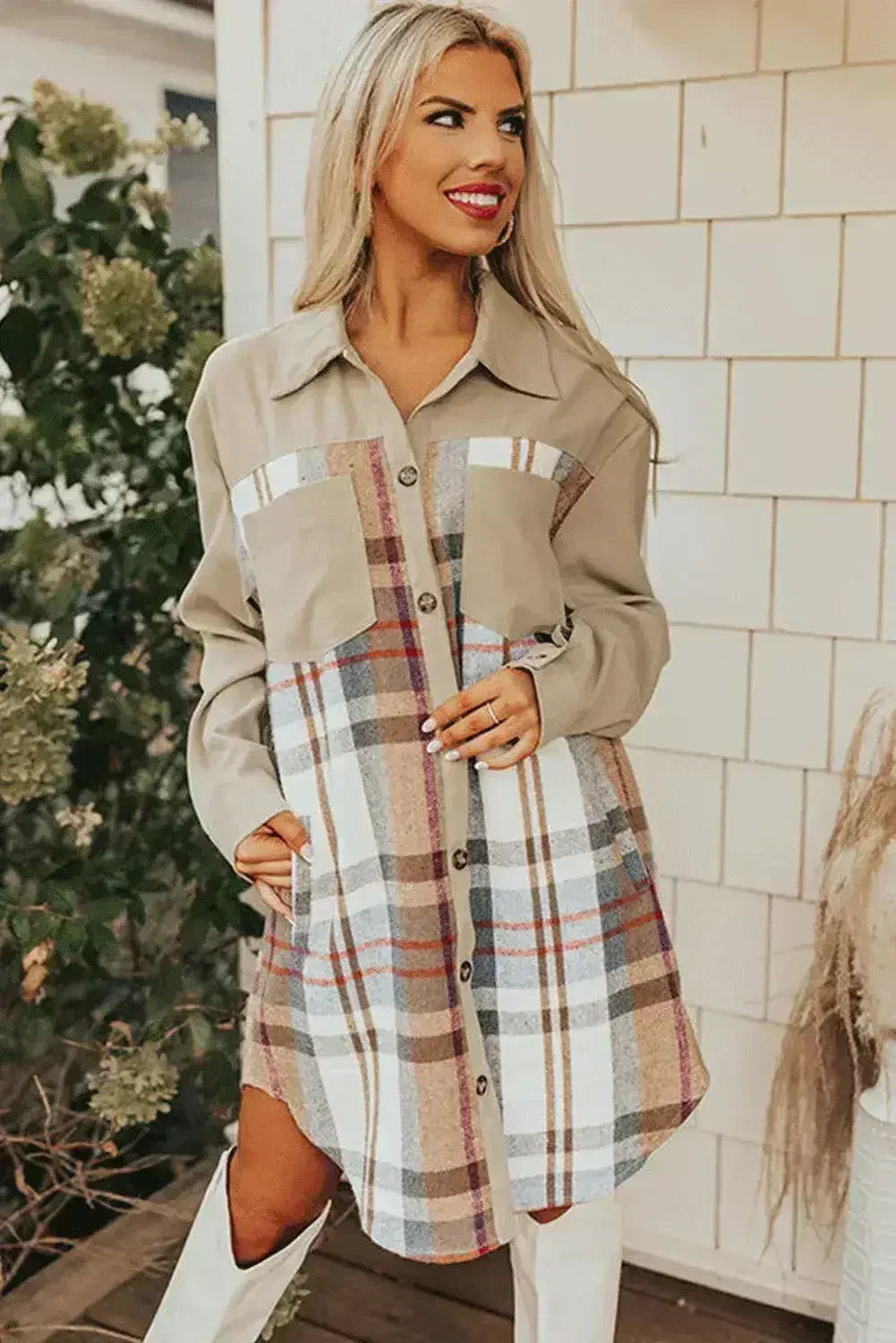 Khaki Plaid Patchwork Long Sleeve Mini Dress with Pockets - Femstylo