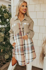Khaki Plaid Patchwork Long Sleeve Mini Dress with Pockets - Femstylo
