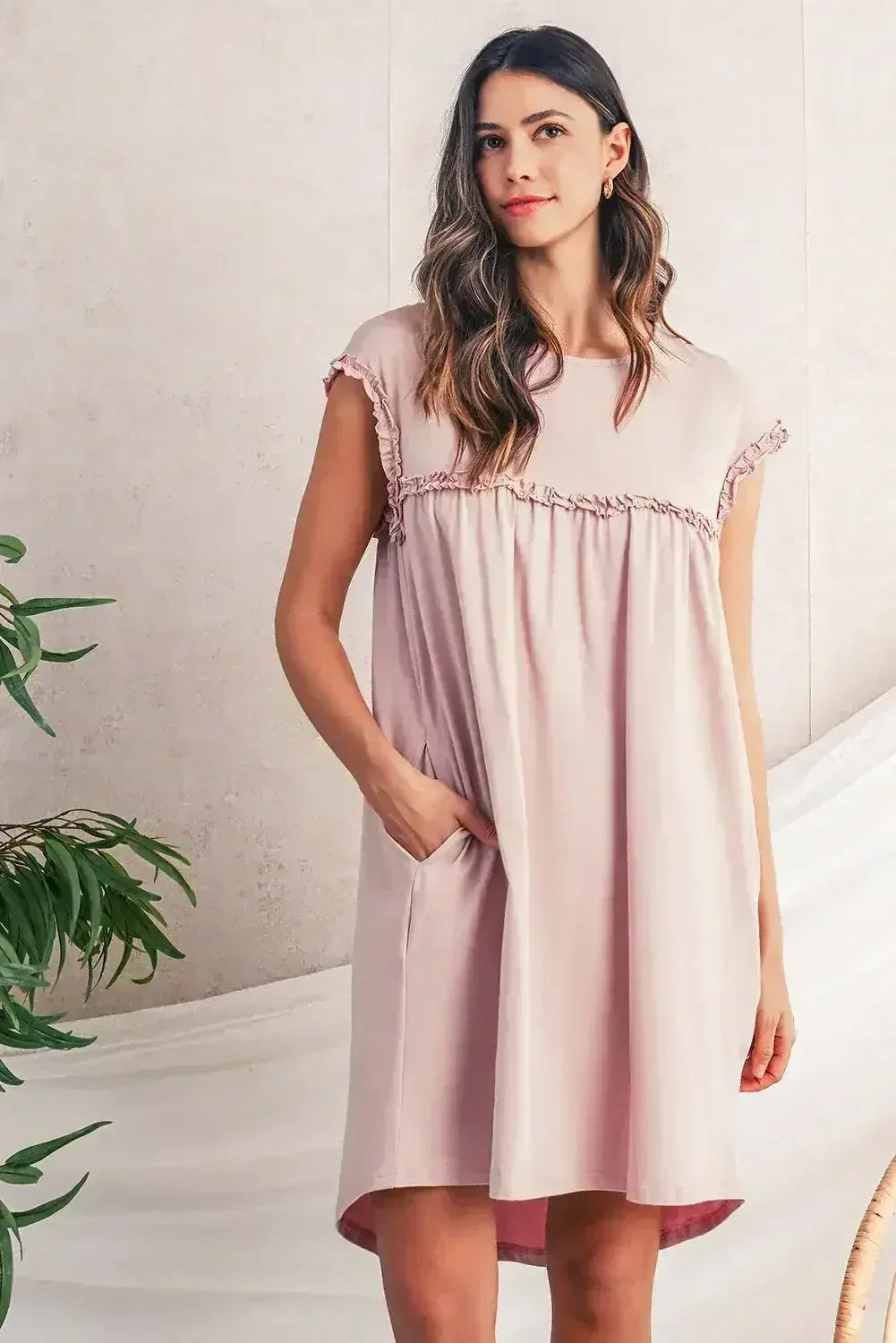 Oatmeal Frilled Trim Crewneck Loose Fit Mini Dress - Femstylo