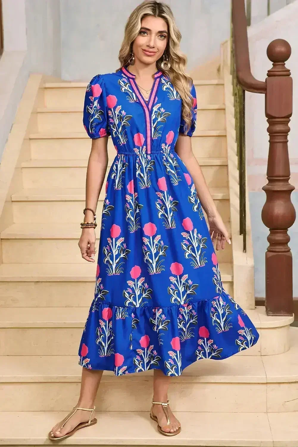 Blue Floral Ruffle Hem Pop of Color Neckline Dress - Femstylo