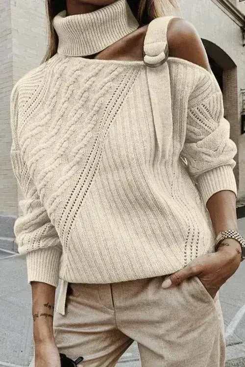 Women's Apricot Strapped Cut out Shoulder Turtleneck Sweater - Femstylo