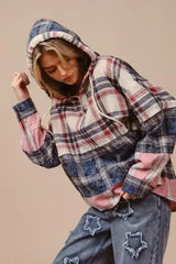 BiBi Drawstring Plaid Drop Shoulder Hoodie - Femstylo