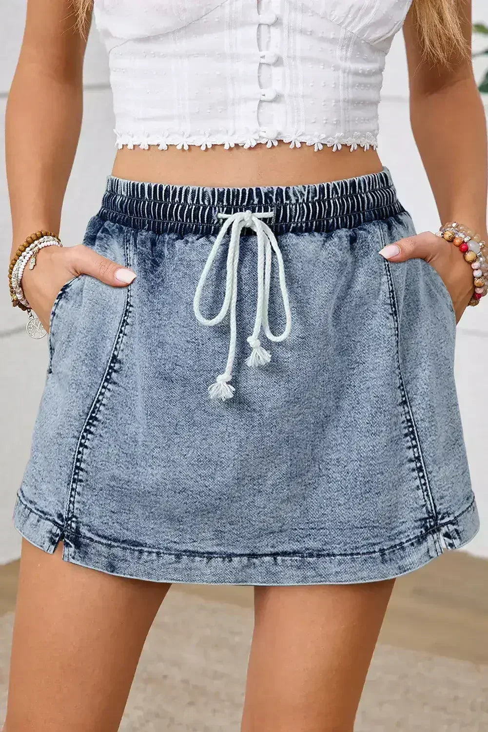 Dusk Blue Drawstring High Waist Pocketed Denim Shorts - Femstylo