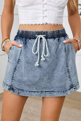 Dusk Blue Drawstring High Waist Pocketed Denim Shorts - Femstylo