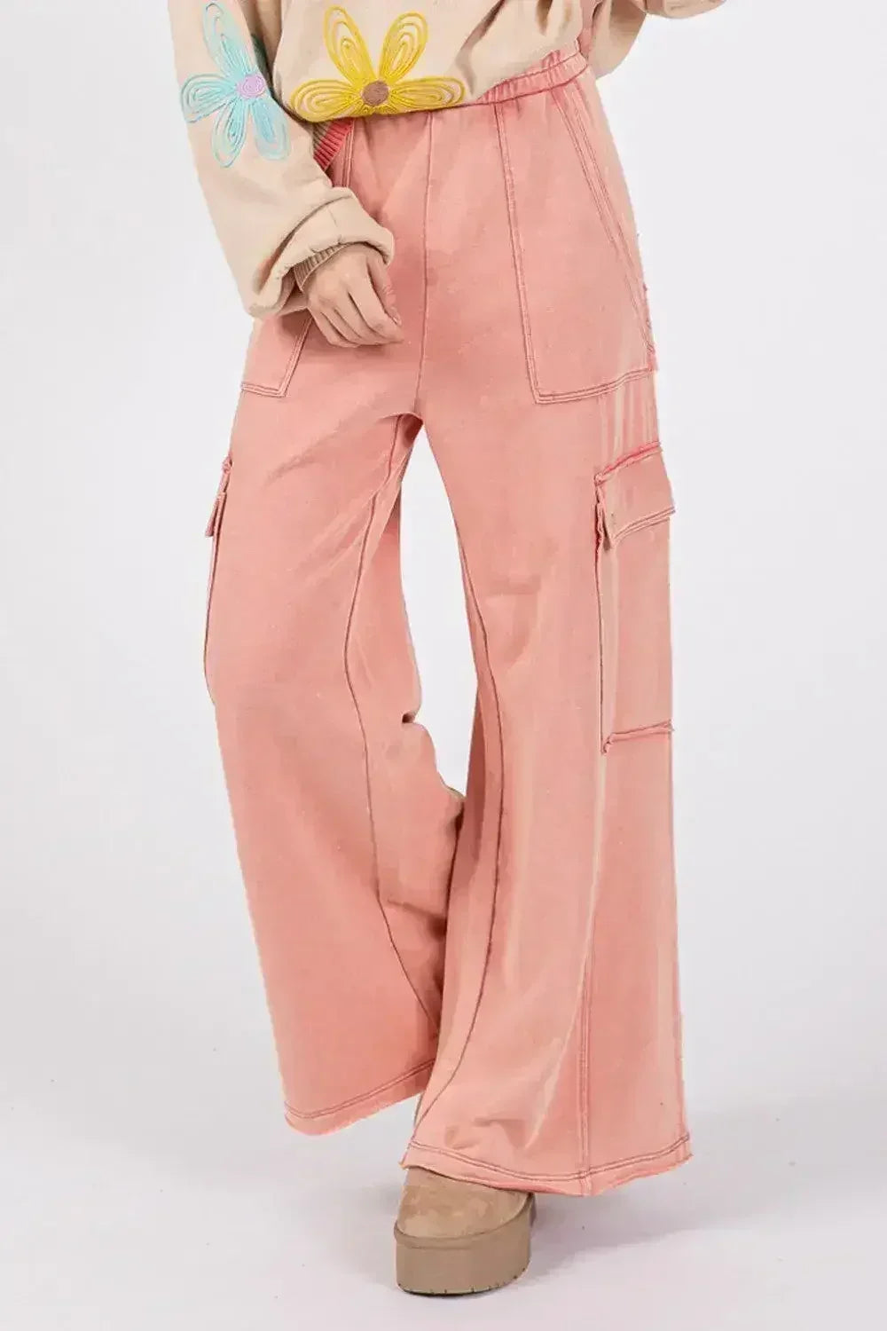 SAGE + FIG Knit Terry Mineral Wash Wide Leg Pants - Femstylo