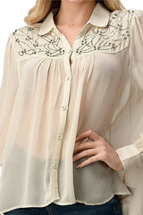 Embroidered Sheer Button-Up Blouse – Casual Elegance - Femstylo