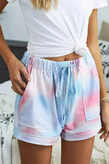 Multicolor Tie Dye Drawstring Elastic Waist Pocketed Casual Shorts - Femstylo