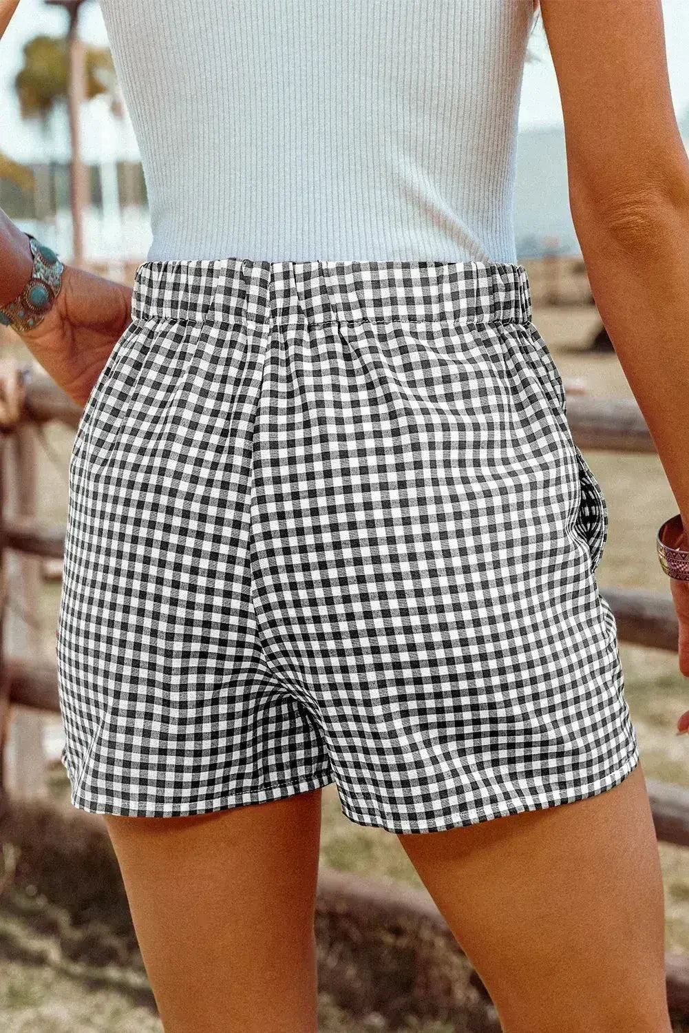 Blue Vintage Gingham Print High Waisted Loose Shorts - Femstylo