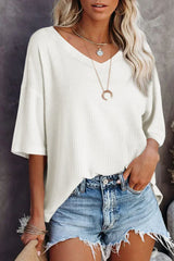 White Waffle Texture V Neck Drop Shoulder Loose Tee