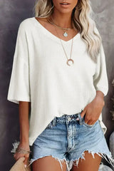 White Waffle Texture V Neck Drop Shoulder Loose Tee - Femstylo