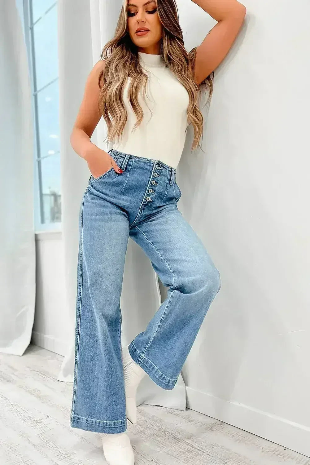 Dusk Blue Multi Button Waist Wash Straight Leg Jeans - Femstylo