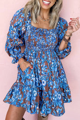 Blue Smocked Bodice High Waist Ruffled Sleeve Floral Dress