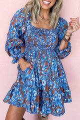 Blue Smocked Bodice High Waist Ruffled Sleeve Floral Dress