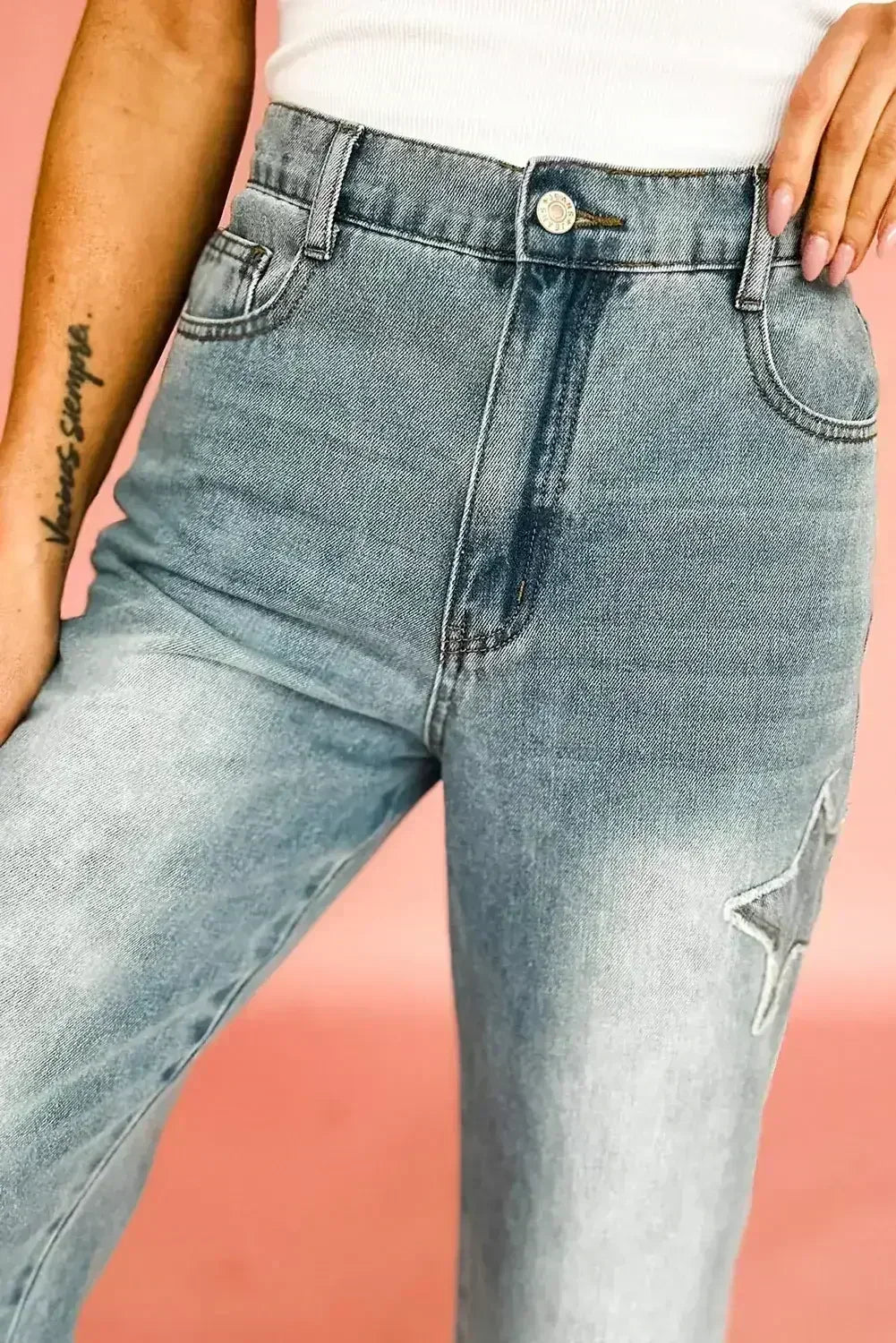 Stone Blue Star Patchwork Light Wash Wide Leg High Waist Jeans - Femstylo