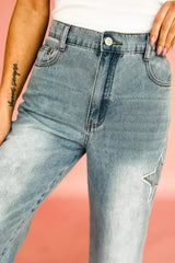 Stone Blue Star Patchwork Light Wash Wide Leg High Waist Jeans - Femstylo