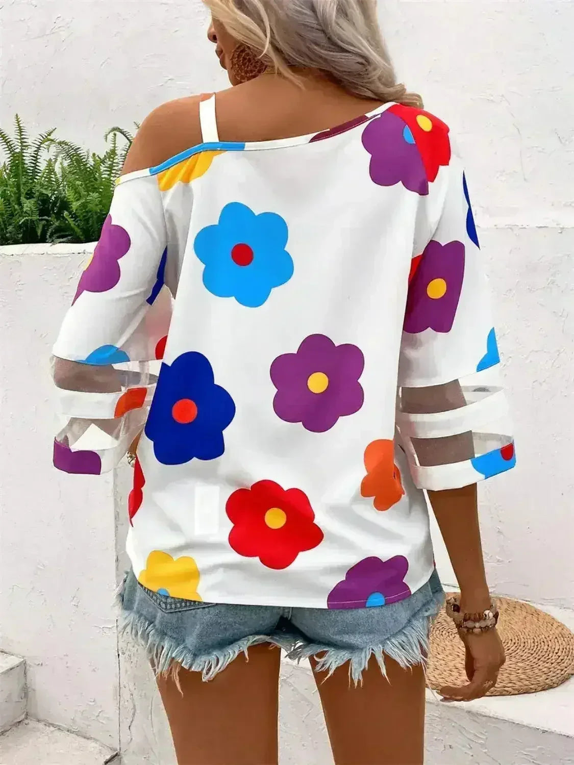 White Color Flower Asymmetrical Neck Blouse | Femstylo - Femstylo