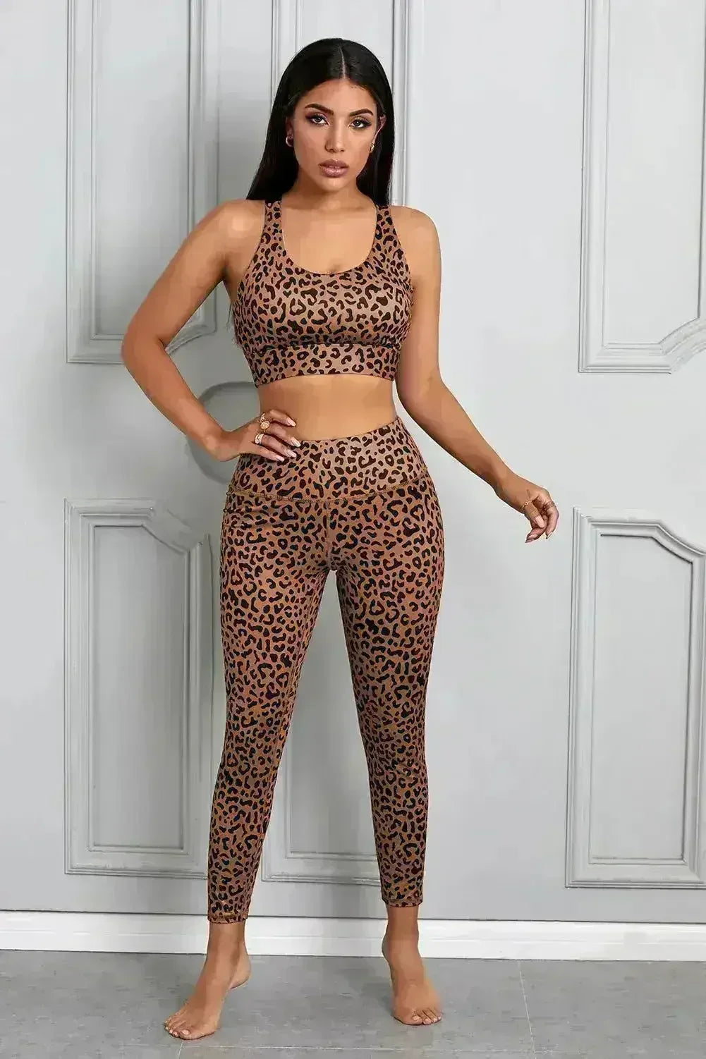 Women Brown Cheetah Print Sport Bra Pants Set - Femstylo
