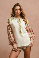 BiBi Floral Notched Plaid Balloon Sleeve Top - Femstylo
