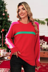 Fiery Red Colorblock Striped Long Sleeve Knit Sweater