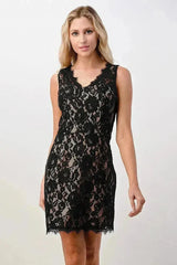 Sleeveless Lace Overlay Dress with Scalloped Edges - Femstylo