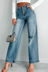 Dusk Blue Multi Button Waist Wash Straight Leg Jeans - Femstylo