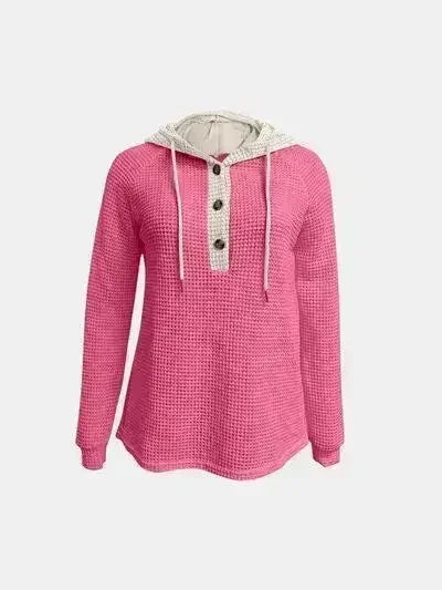 Full Size Waffle-Knit Contrast Long Sleeve Hoodie - Femstylo
